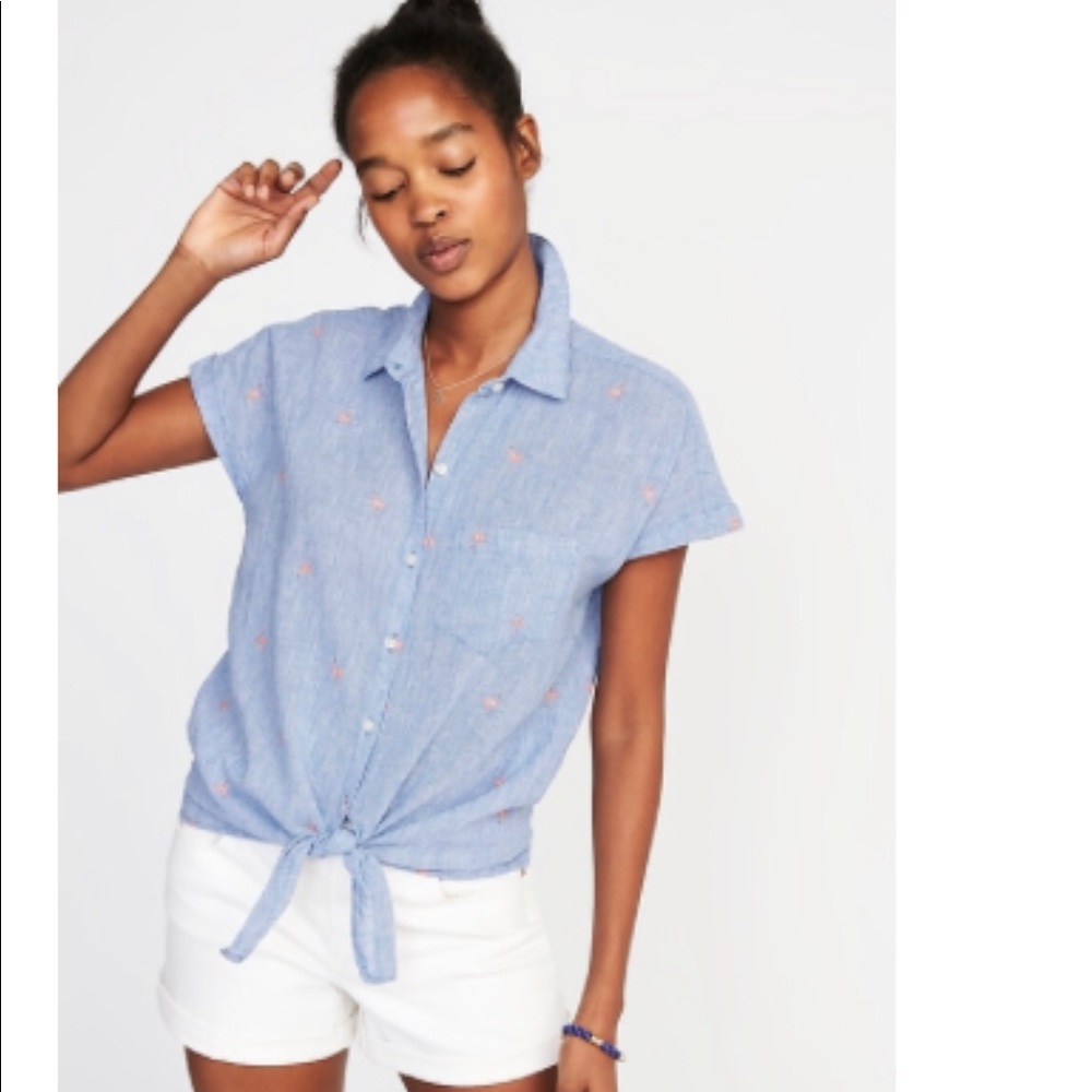 Old Navy - Flamingo Tie-Front Linen Blend Shirt